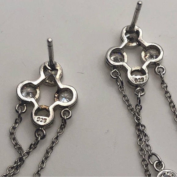 Sterling Silver CZ Stone Clover Style Design Dangle Stud Earrings 1.7” - Picture 3 of 4